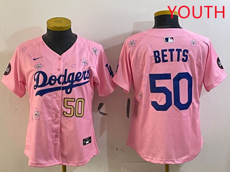 Youth Los Angeles Dodgers #50 Betts Pink Sakura Edition 2025 Nike MLB Jersey style 3